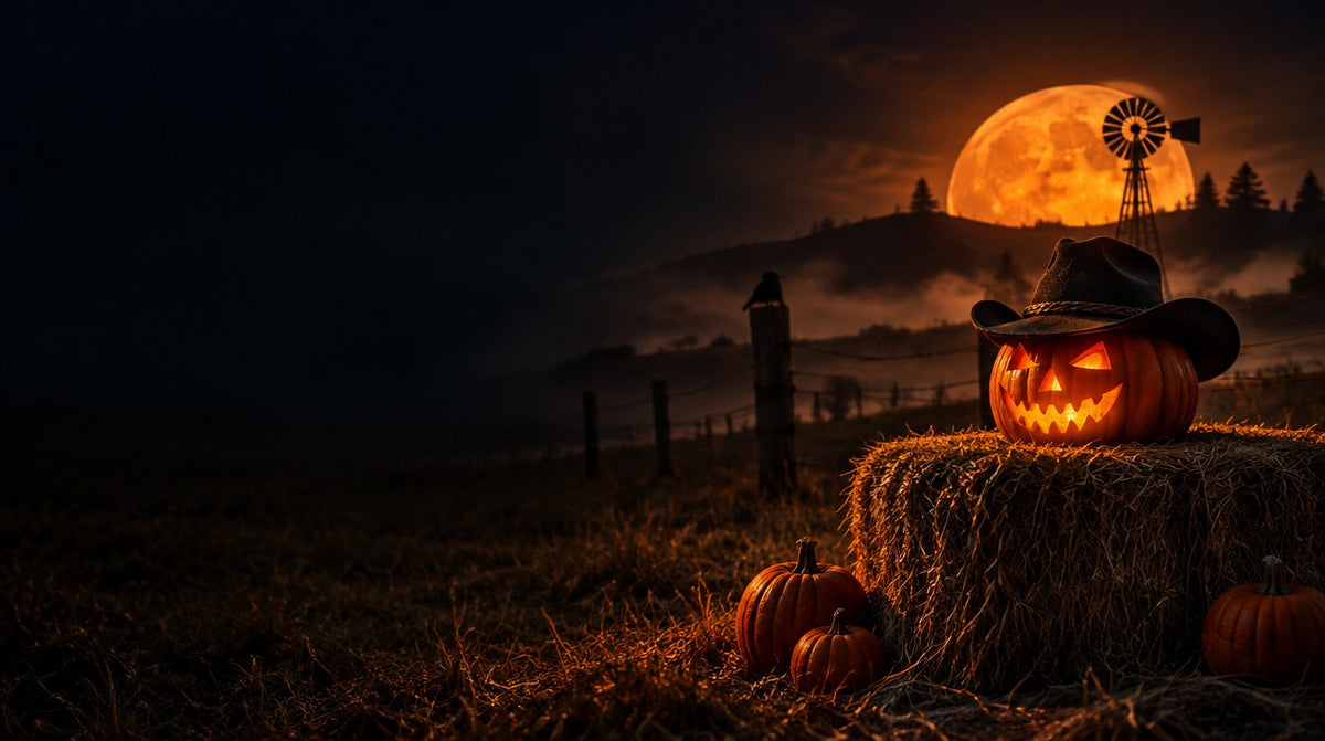 Jack o lantern in a cowboy hat on a hay bale under a harvest moon